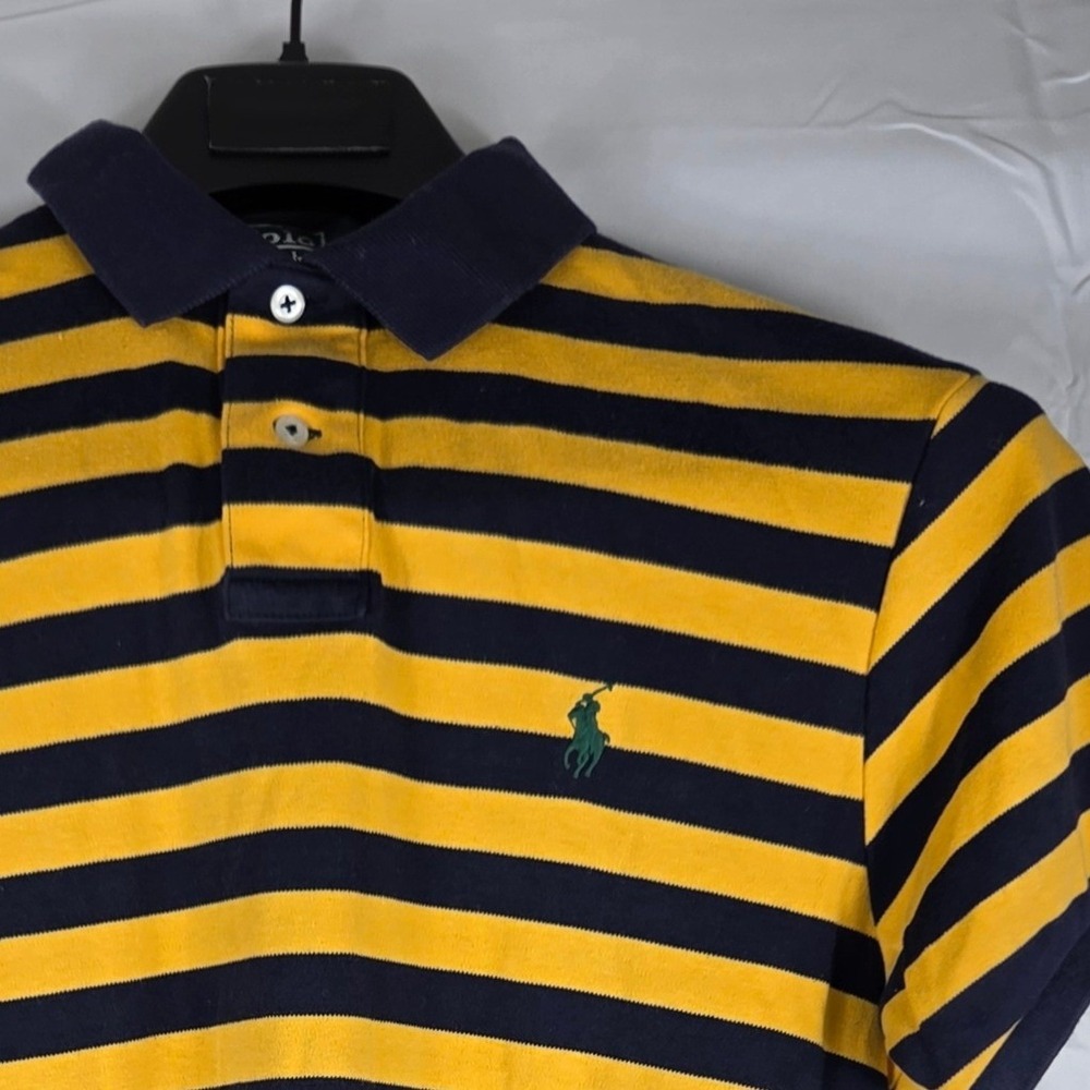 Polo Ralph Lauren Mens Custom Fit Striped Polo Shirt Yellow Navy Blue Small